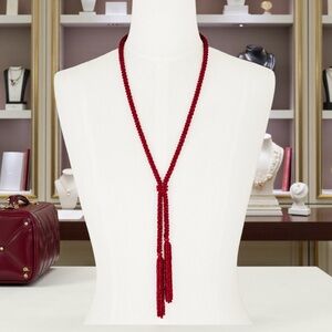 Talbots Deep Red Faceted Beaded Tassel Necklace